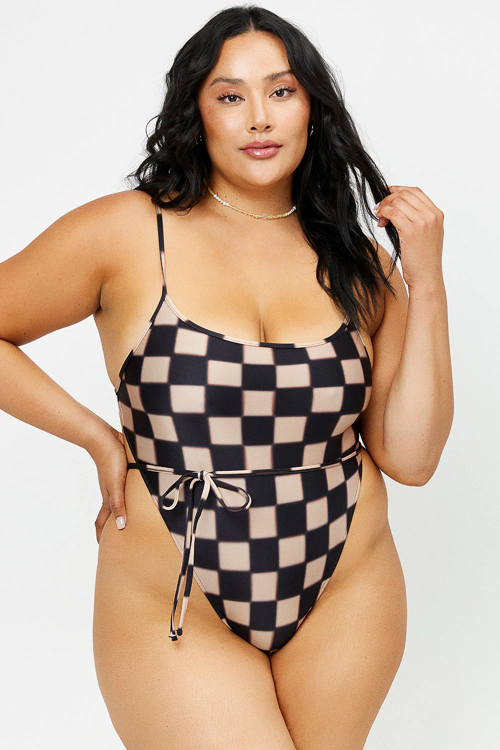 Croft Satin Cheeky One Piece Swimsuit - Black Checker - Image 2