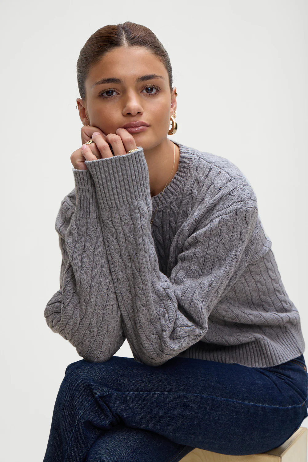 Varsity Cable Knit Sweater - Rain Cloud - Image 9