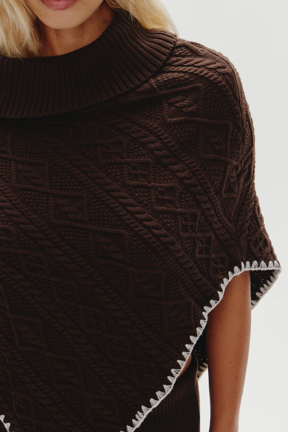Windswept Cotton Knit Poncho - Chocolate Brown - Image 5
