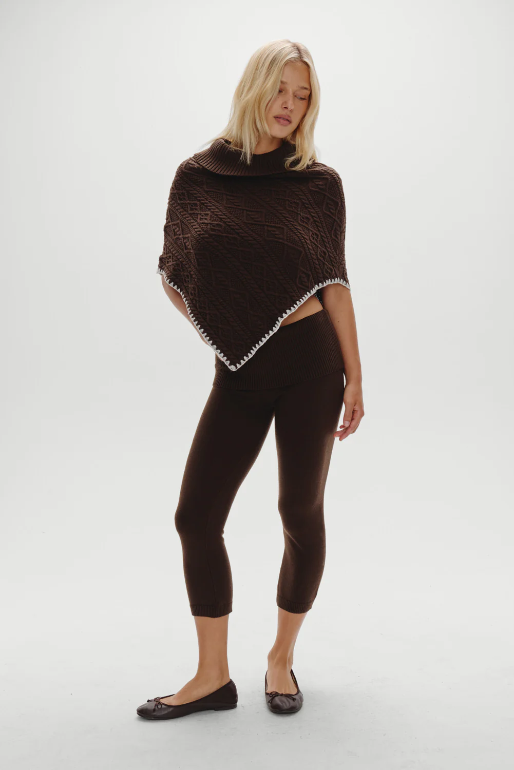 Windswept Cotton Knit Poncho - Chocolate Brown - Image 7